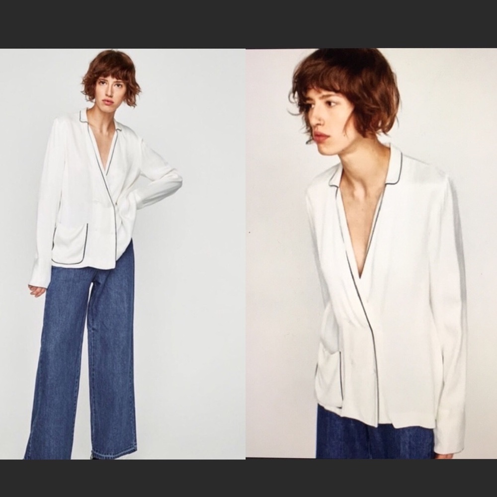 🌸❗️⬇️ Zara White Pajama Style Silk Blouse, Lg